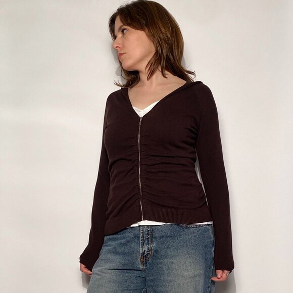 Vintage Brown Y2K PERFECT BASIC Scrunchy Ruched Zip Up HOODIE Cardigan! M to L - Picture 4 of 14